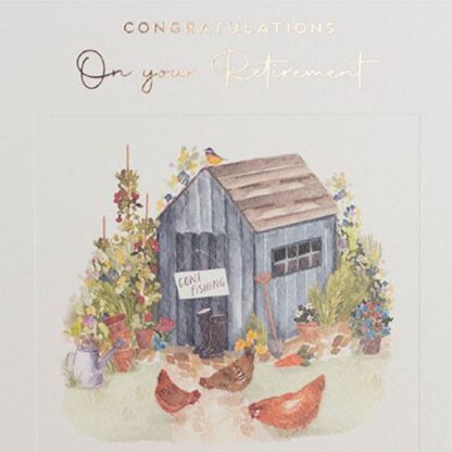 On your retirement greetings card gardening shed chickens